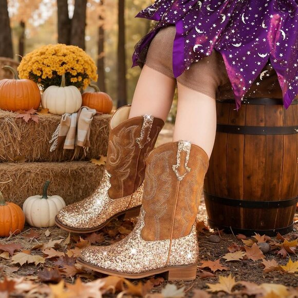 Unisex Child Sequins Brown Mid Calf Glitter Toddler Cowboy Boot Little Big Kids - Picture 2 of 8